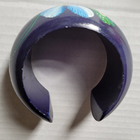 Blue flower bracelet wood cuff Hawaiian hand painted boho floral jewelry beach - Picture 8 of 10